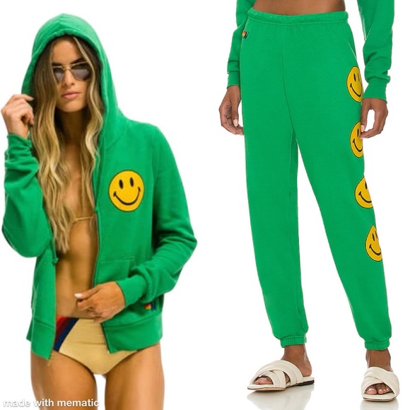 Aviator Nation Tops - Aviator Nation Smiley 2 Full Zip and Sweatpants Kelly Green Yellow Size Large